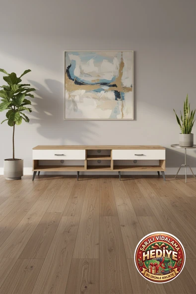 mobihobi Silva TV Ünitesi Tek Raflı 2 Çekmeceli 220cm - Çam/Aytaşı ürün görseli 1