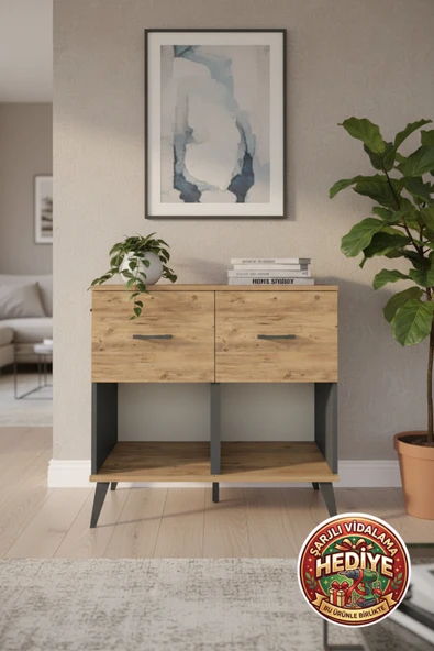 mobihobi Luna Antrasit-Çam 2 Çekmeceli Şifonyer (88x44x80cm) - Şık ve Fonksiyonel ürün görseli 1