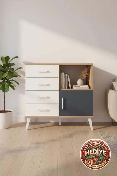 mobihobi Luna Şifonyer: 4 Çekmeceli, 1 Raflı, 1 Kapaklı - Çam/Antrasit 88x44x80cm ürün görseli 1