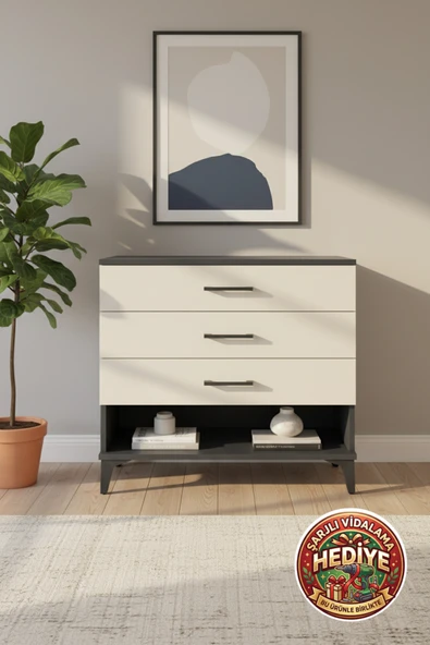 mobihobi Luna 3 Çekmeceli Şifonyer: 88x44x80 Antrasit-Aytaşı, Modern Tasarım ürün görseli 1