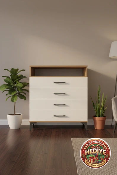 mobihobi Luna Şifonyer: 4 Çekmeceli, Tek Raflı, Atlas Çam & Aytaşı 88x44x96 ürün görseli 1