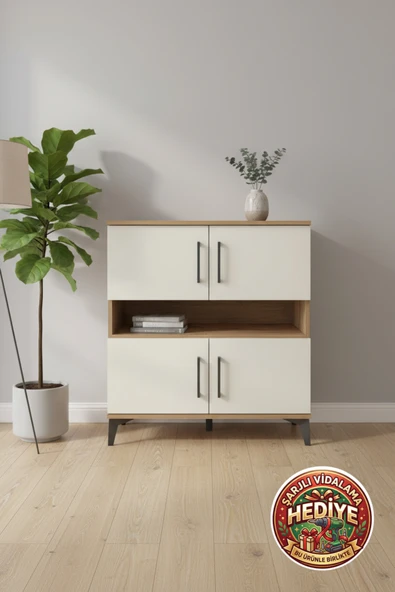 mobihobi Luna Şifonyer: 5 Raflı, 4 Kapaklı, Çam ve Aytaşı Rengi, 88x44x96cm ürün görseli 1