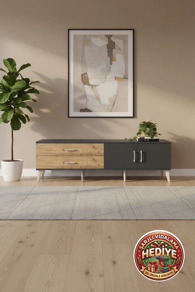 mobihobi Silva Antrasit-Çam TV Ünitesi: Şık ve Fonksiyonel Çözüm (176x30x51cm) ürün görseli 1