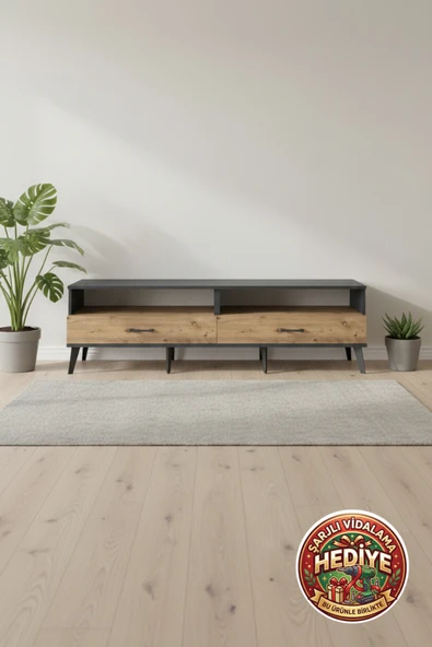 mobihobi Silva TV Ünitesi: 2 Raflı, 2 Çekmeceli, Antrasit-Çam, 176x30x51 cm ürün görseli 1