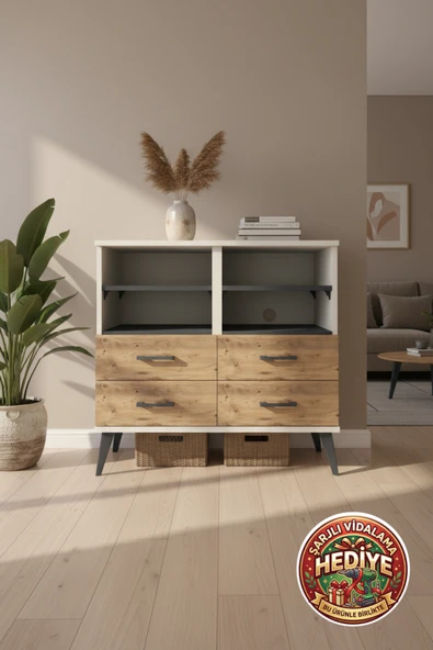 mobihobi Luna Şifonyer: 4 Raflı, 4 Çekmeceli, 88x44x80 Aytaşı-Antrasit/Çam ürün görseli 1