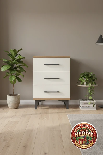 mobihobi Luna Komodin 3 Çekmeceli 44x44x64 Çam-Aytaşı: Şıklık ve Fonksiyonellik ürün görseli 1