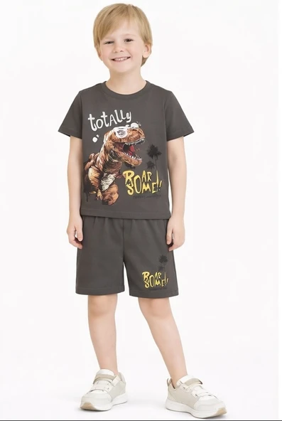 Erkek Çocuk Şortlu Yazlık Pijama Takımı Dinazor Temalı NBK-7241 ürün görseli 1