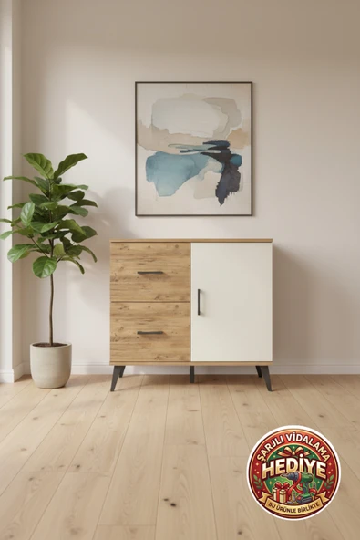 mobihobi Luna Şifonyer: 2 Çekmeceli, 1 Kapaklı, 1 Raflı Ahşap Şifonyer 88x44x80 ürün görseli 1