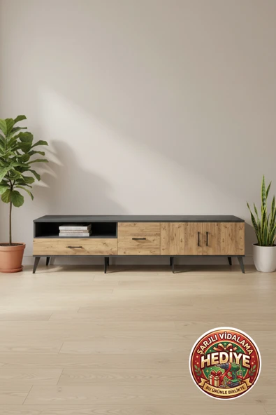 mobihobi Luna TV Ünitesi: 2 Raflı, 2 Çekmeceli, 2 Kapaklı (220cm) Antrasit-Çam ürün görseli 1