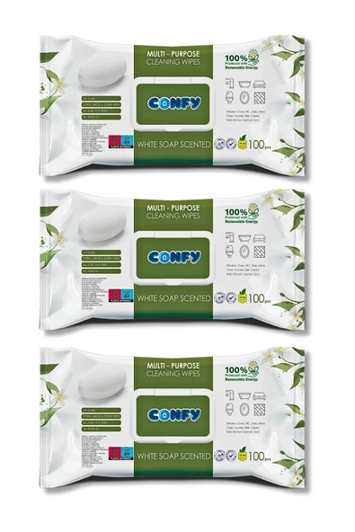 Confy Confy Yüzey Temizlik Havlusu ve Mendili – Beyaz Sabun Kokulu (3 Paket x 100 Yaprak) ürün görseli 1