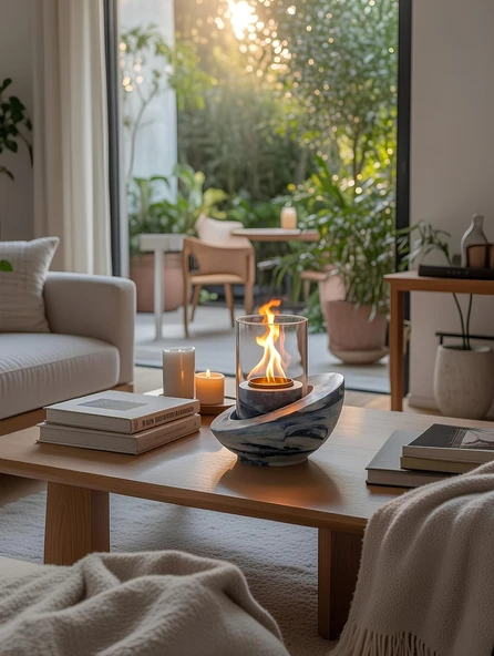 Betonmall Mavi Mermer Desenli Beton Masaüstü Bioethanol Şömine - Dumansız Kokusuz Cam Korumalı Yakıt Hediyeli ürün görseli 1