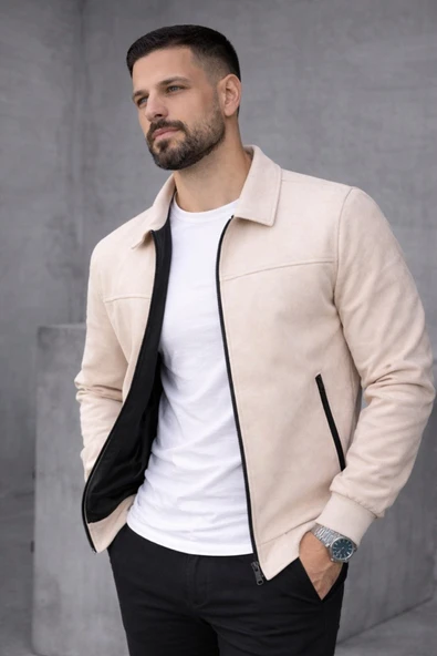 Basic Slim Fit Polo Yaka Süet Ceket - Resim 12