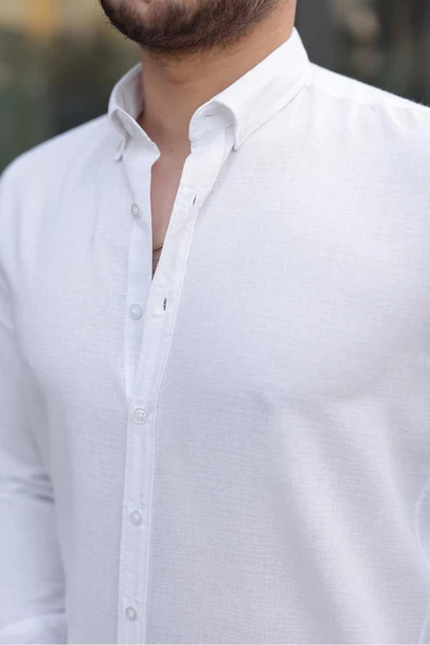 Premum Dik Yakalı Slim Fit Keten Görünümlü Gömlek ürün görseli 1
