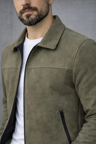 Basic Slim Fit Polo Yaka Süet Ceket - Resim 2