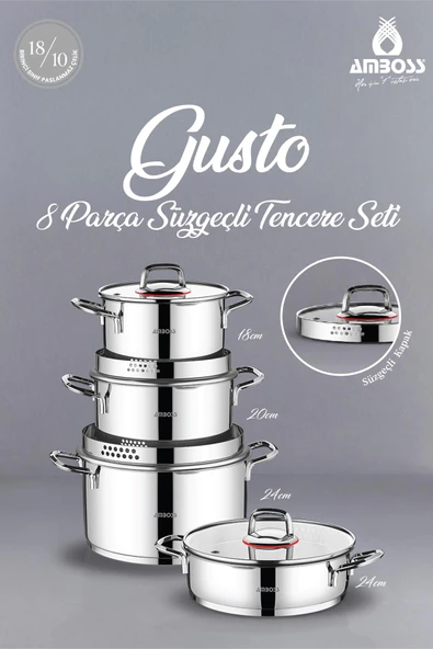 Gusto 8 Parça Paslanmaz Çelik Süzgeçli Tencere Seti - Resim 2