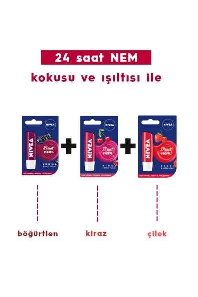 NIVEA NIVEA Dudak Kremi 3ü Bir Arada + Çilekli 4,8 gr + Böğürtlen 4,8 gr + Kiraz 4,8 gr ürün görseli 1