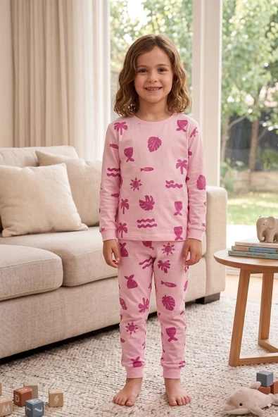 Deniz Temalı Pembe Renk %100 Pamuk Kız Çocuk Pijama Takımı ürün görseli 1
