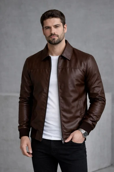 Basic Slim Fit Polo Yaka Süet Ceket - Resim 4