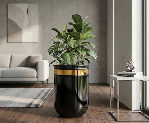 Dekoratif Glossia 45 cm Siyah Gold Darbuka Saksı ürün görseli 1