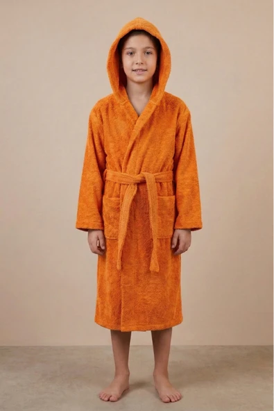 Motif Mağaza *İHRAÇ FAZLASI* %100 Pamuk Kapüşonlu Cepli Unisex Çocuk Bornozu -Hafif Kusurludur-  Turuncu 4-5 Yaş ürün görseli 1