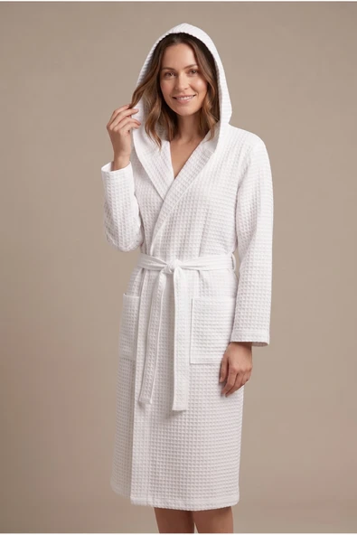 Motif Mağaza *İHRAÇ FAZLASI* %100 Pamuk Waffle Pike Unisex Bornoz Kapüşonlu Cepli -Hafif Kusurludur-  Beyaz L ürün görseli 1