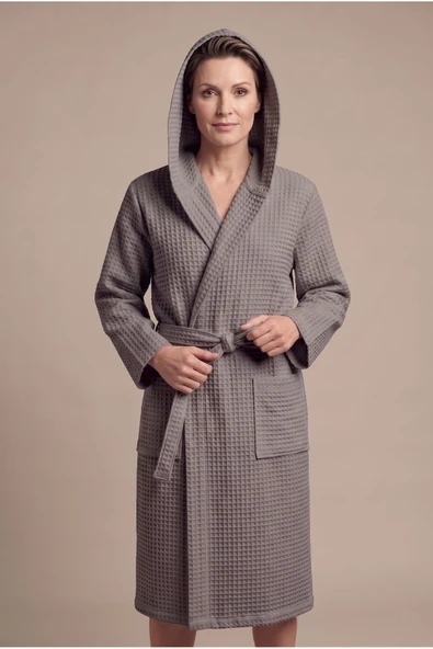 Motif Mağaza *İHRAÇ FAZLASI* %100 Pamuk Waffle Pike Unisex Bornoz Kapüşonlu Cepli -Hafif Kusurludur-  Füme-Gri M ürün görseli 1