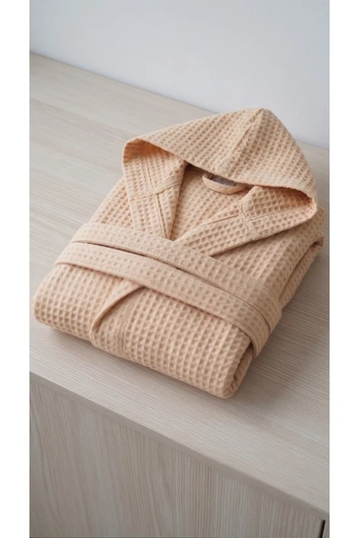 Motif Mağaza *İHRAÇ FAZLASI* %100 Pamuk Waffle Pike Unisex Bornoz Kapüşonlu Cepli -Hafif Kusurludur-  Bej L ürün görseli 1