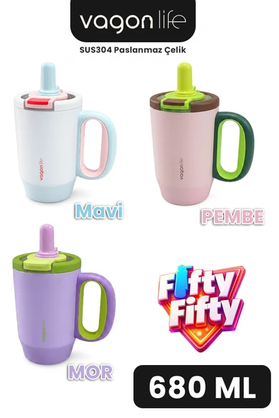 680 ML Tek Kapak Çift Kullanım Pipetli Rahat İçim Kulplu Paslanmaz Çelik Termos Mug FFVGN1113-680ML ürün görseli 1