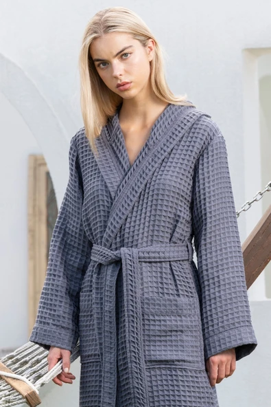 Motif Mağaza Joone %100 Pamuk Kapüşonlu Unisex Waffle Pike Bornoz Kadın Erkek Sabahlık  Mavi Gri M ürün görseli 1