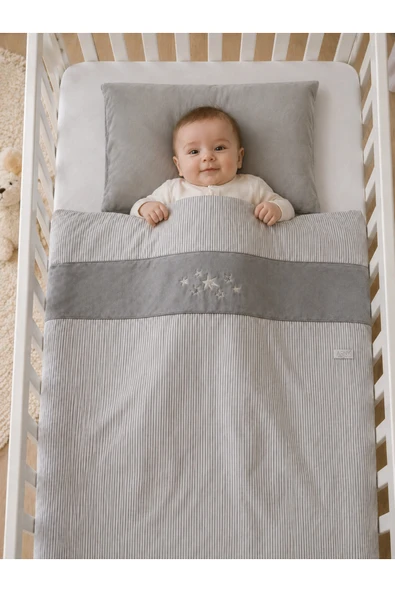 Motif Mağaza %100 Pamuk Saten Bebek Nevresim Seti 100x130 Nevresim 40x60 Yastık Kılıfı (*ÇARŞAFSIZ*)  Gri ürün görseli 1