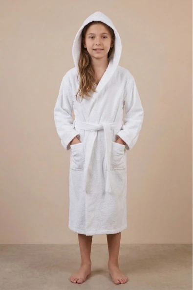 Motif Mağaza *İHRAÇ FAZLASI* %100 Pamuk Kapüşonlu Cepli Unisex Çocuk Bornozu -Hafif Kusurludur-  Beyaz 10-12 Yaş ürün görseli 1