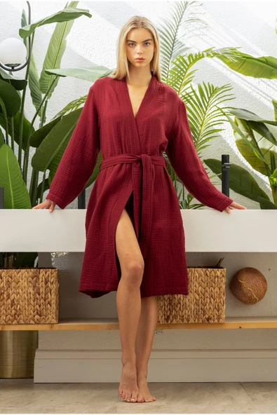 Motif Mağaza Tigresse %100 Pamuk 3 Kat Müslin Kimono Kadın Sabahlık/Bornoz  Kırmızı XL ürün görseli 1