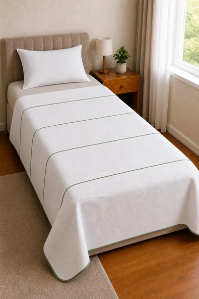 Motif Tekstil %100 PAMUK Waffle Pike Yatak Örtüsü 160x250 Cm Biye Detaylı  Yeşil Biyeli ürün görseli 1