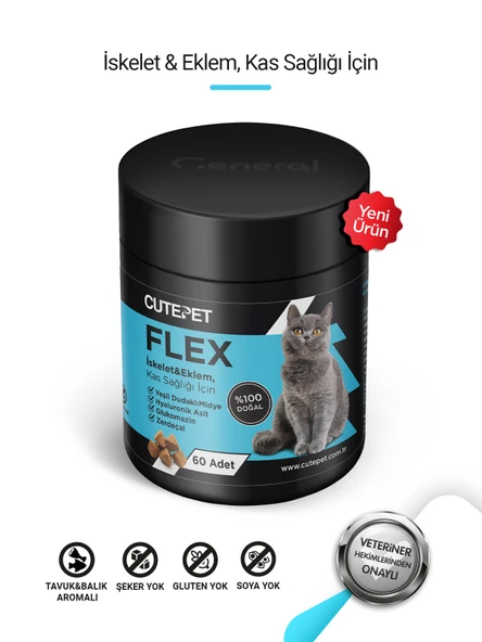Cutepet Flex Kedi Eklem ve Kemik Sağlığı Tableti 60 Adet  Glukozamin Kondroitin MSM Destekli ürün görseli 1