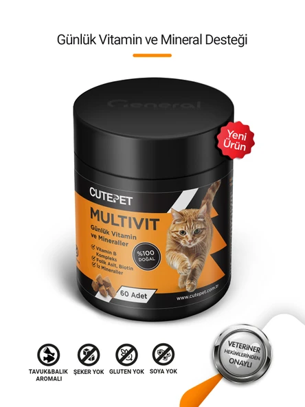 Cutepet Multivit Kedi Vitamin ve Mineral Tableti 60 Adet Günlük Bağışıklık ve Enerji Takviyesi ürün görseli 1
