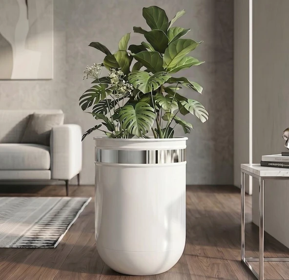 Dekoratif Glossia 45 cm Beyaz Gümüş Krom Darbuka Saksı ürün görseli 1