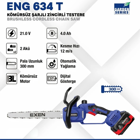 EXEN ENG 634 T - 21V 4Ah 300mm Kömürsüz Şarjlı Zincirli Testere ürün görseli 1