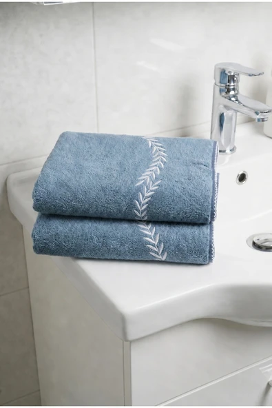 Motif Mağaza 2'li Set MicroCotton %100 Pamuk Nakışlı El-Yüz Havlusu 50x100 Mavi  Yaprak Desenli ürün görseli 1