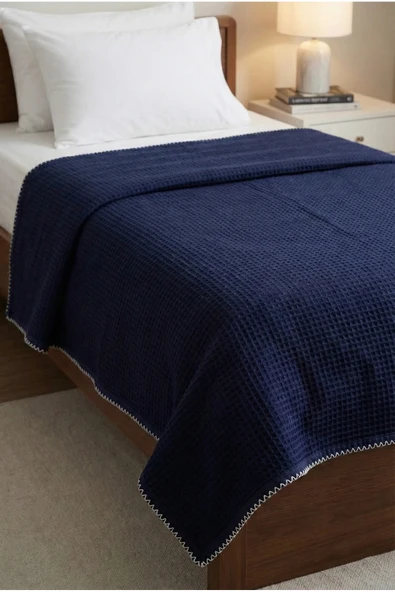 Motif Mağaza %100 Pamuk Tek Kişilik Kroşetalı Waffle Pike Yatak Örtüsü 160x220 Cm  Lacivert 160 x 220 ürün görseli 1