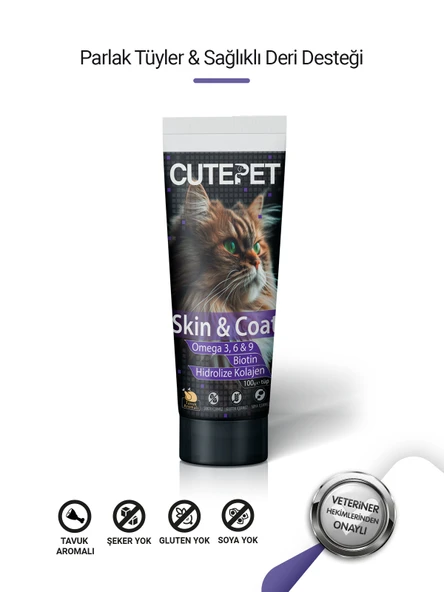 Cutepet Skin & Coat Kedi Deri ve Tüy Sağlığı Malt 100g Omega 3-6-9, Biotin ve Kolajen Destekli ürün görseli 1