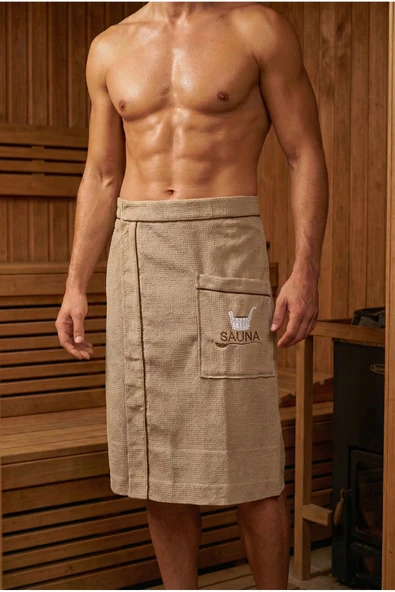 Motif Mağaza %100 Pamuk Hamam Sauna Eteği Ayarlanabilir Cırt Cırtlı Lastikli  Bej Standart ürün görseli 1