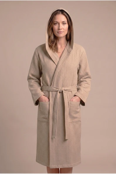 Motif Mağaza *İHRAÇ FAZLASI* %100 Pamuk Waffle Pike Unisex Bornoz Kapüşonlu Cepli -Hafif Kusurludur-  Taş Rengi S ürün görseli 1