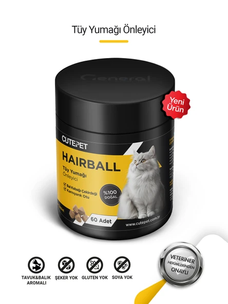 Cutepet Hairball Kedi Tüy Yumağı Önleyici Tablet 60 Adet  Sindirim Destekleyici ve Malt Etkili ürün görseli 1