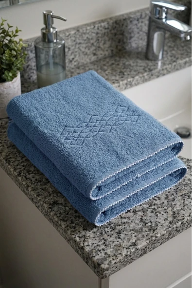 Motif Mağaza 2'li Set MicroCotton %100 Pamuk Nakışlı El-Yüz Havlusu 50x100 Mavi  Geometrik Desenli ürün görseli 1