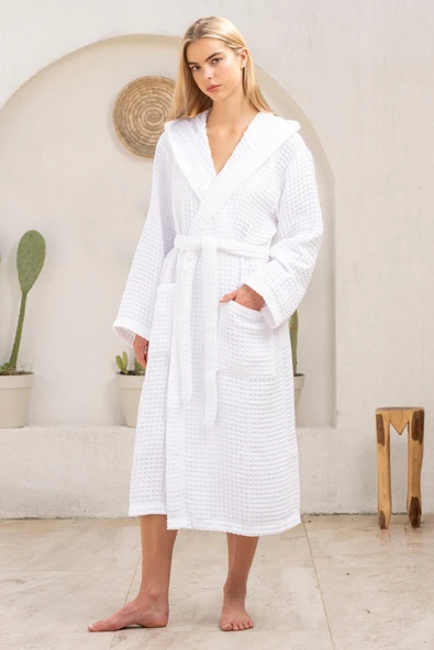 Motif Mağaza Joone %100 Pamuk Kapüşonlu Unisex Waffle Pike Bornoz Kadın Erkek Sabahlık  Beyaz S ürün görseli 1