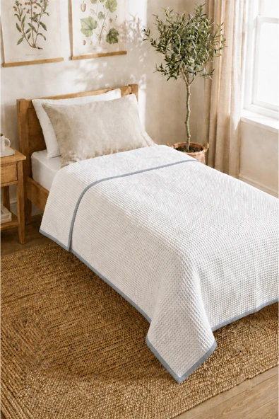 Motif Mağaza %100 PAMUK Waffle Pike Yatak Örtüsü 140x180 Cm Biye Detaylı  Mavi-Gri Biyeli ürün görseli 1