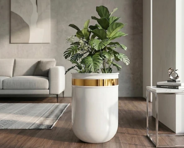 Dekoratif Glossia 45 cm Beyaz Gold Darbuka Saksı ürün görseli 1