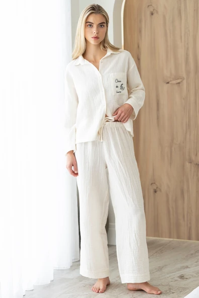 Motif Mağaza Doux Rêve Müslin Pijama Takımı %100 Pamuk  Ekru XL ürün görseli 1