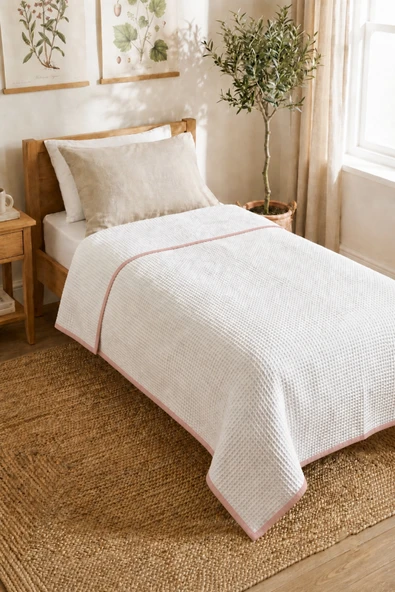 Motif Mağaza %100 PAMUK Waffle Pike Yatak Örtüsü 140x180 Cm Biye Detaylı  Pembe Biyeli ürün görseli 1