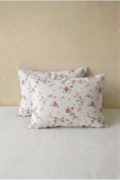 Motif Mağaza 2'li Yastık Kılıfı | %100 Pamuk Waffle Pike | Baskılı | 50x70 cm  Gül Kurusu Çiçekli 50 x 70 ürün görseli 1